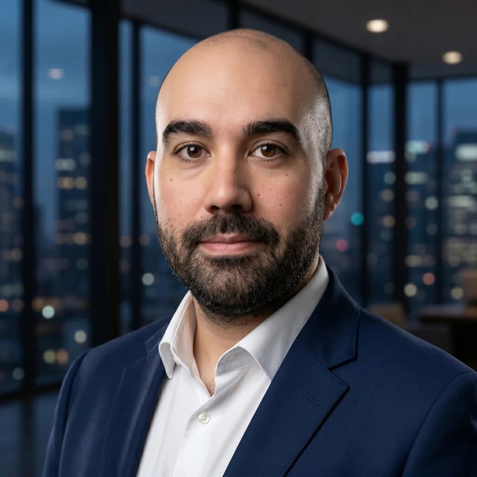 Foto de perfil de Javier Vicente Molina, DesignOps Lead. Retrato con traje azul marino sobre camisa blanca y fondo nocturno desenfocado.